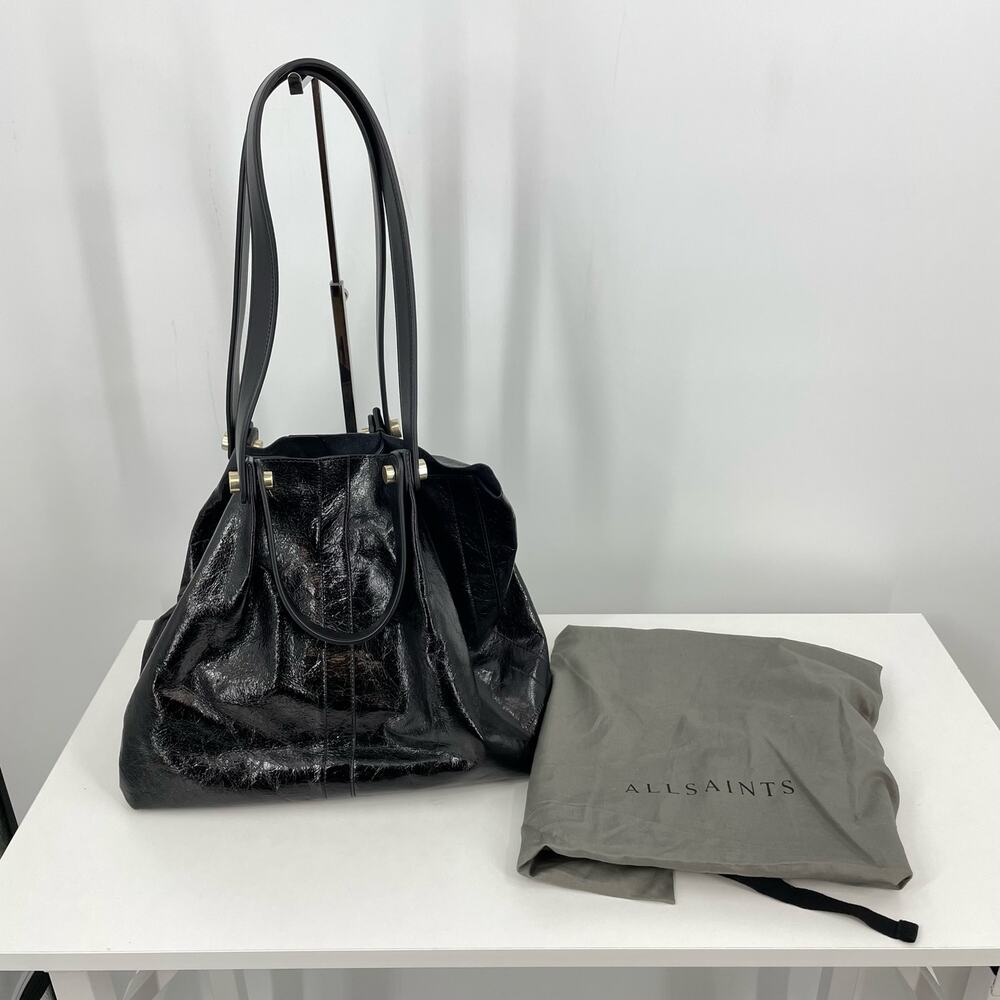 AllSaints Black Patent Leather Shoulder Tote with Gold Accents